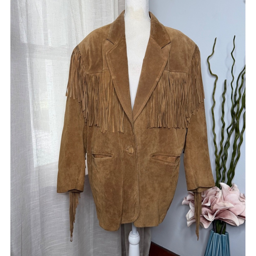 Vintage Venezia Vitale Fringe Suede Leather Western Jacket Tan Women's 18/20